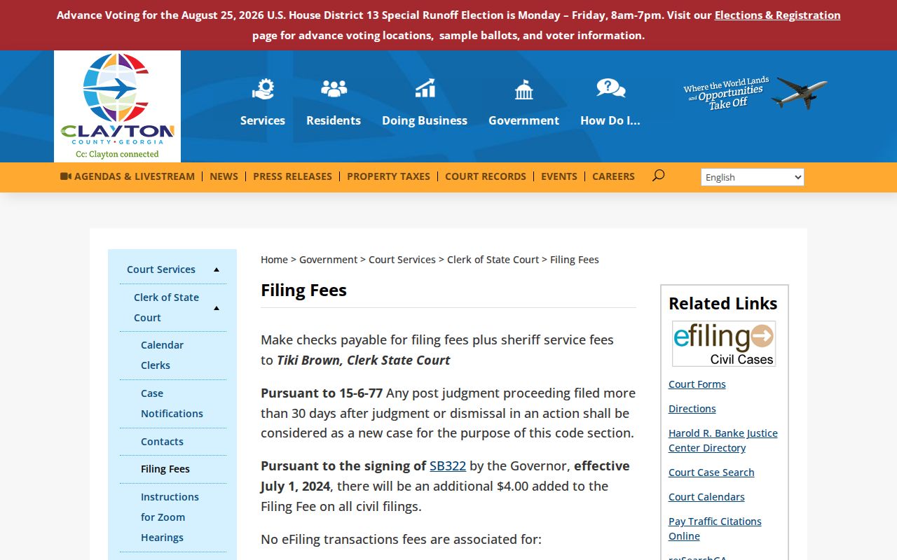 Clayton County civil court docket State Court fee information