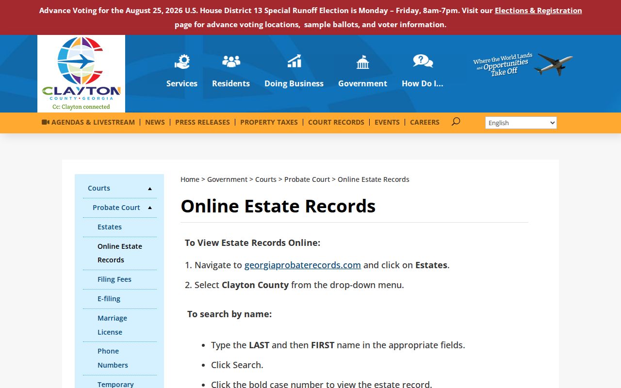 Clayton County court records Probate estate search instructions
