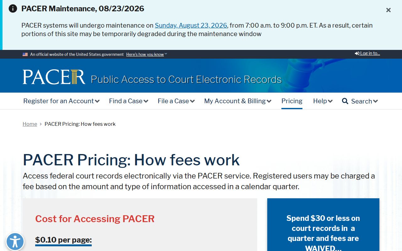 Clayton County court records federal PACER document pricing information