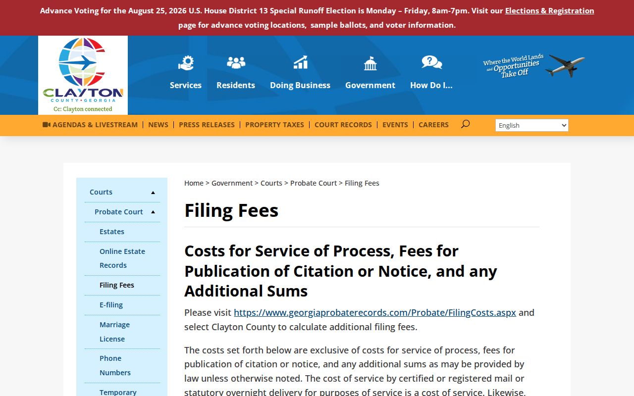Clayton County court records Probate Court filing fee information