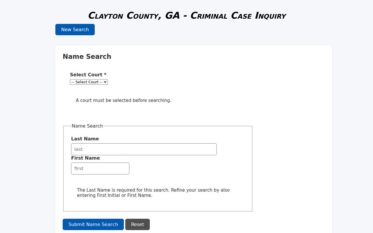 Clayton County criminal court docket name search form