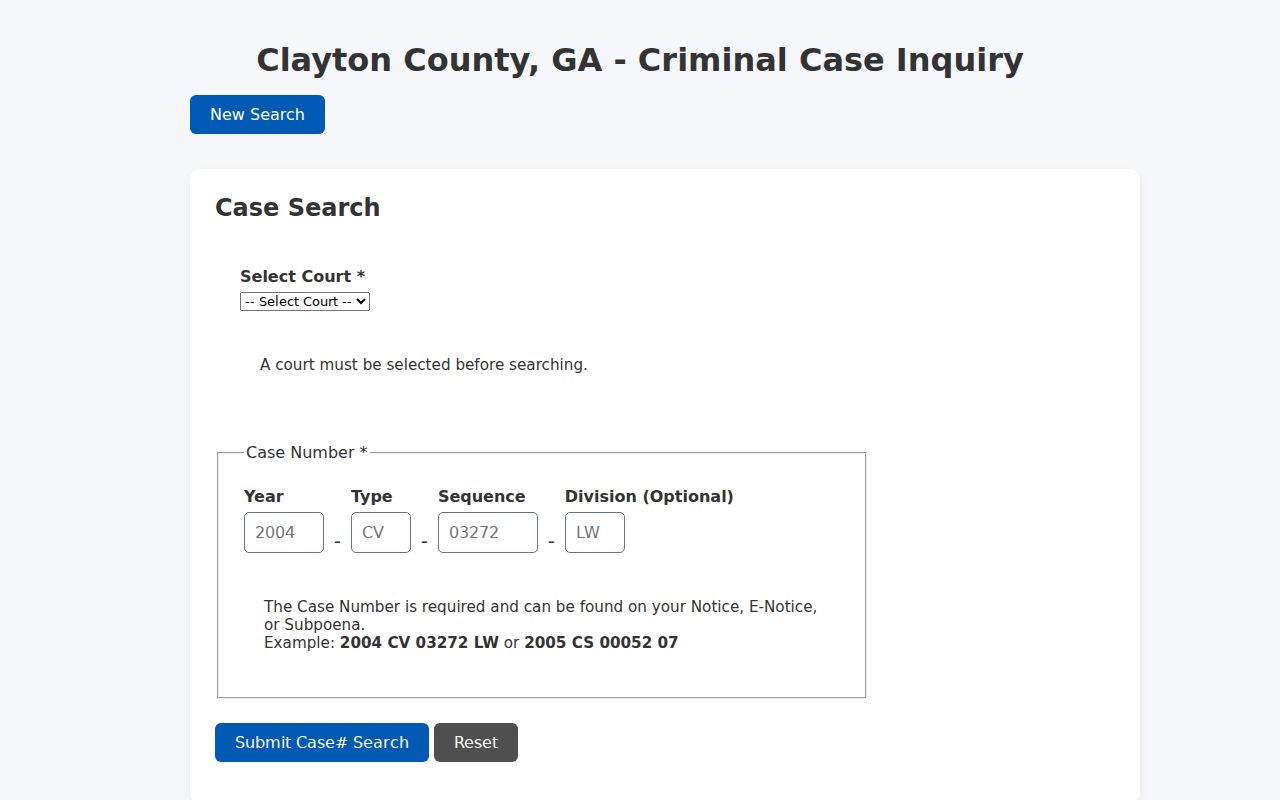 Clayton County criminal court docket case number form