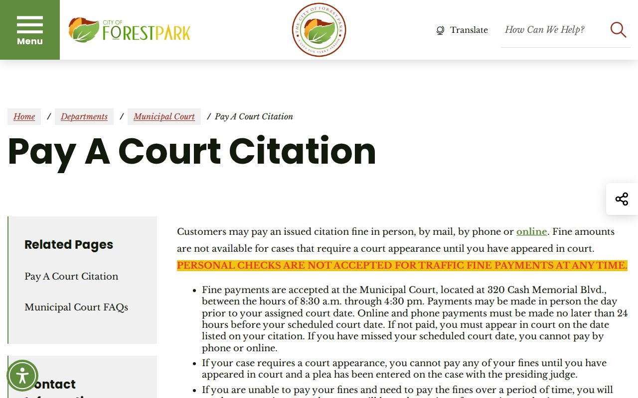 Forest Park citation payment channels and card fee instructions