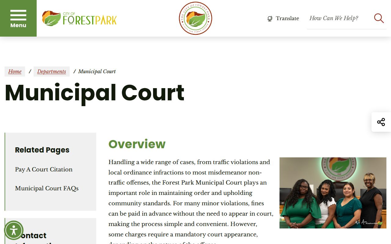 Forest Park Municipal Court location, administrator, and posted schedule