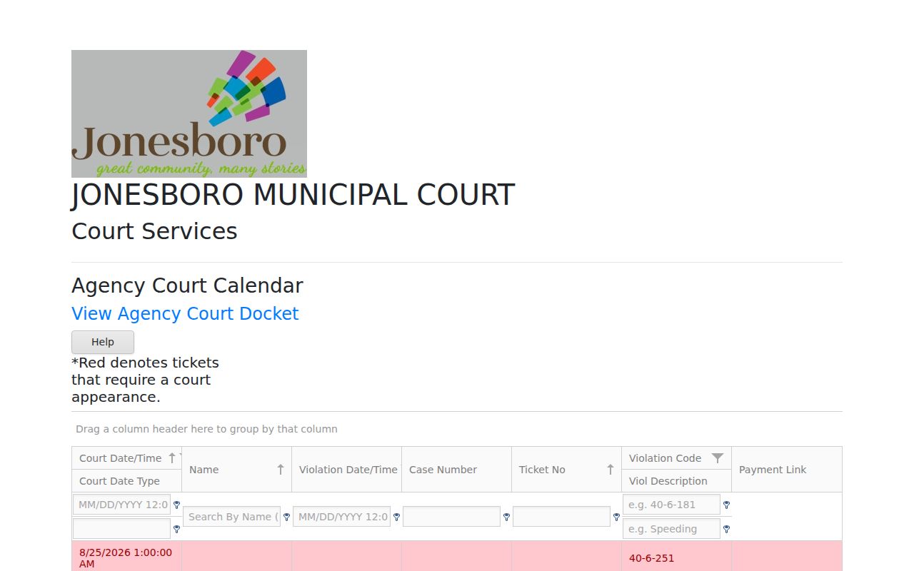 Jonesboro CourtWare calendar 96 fields for court date, ticket, violation, and payment