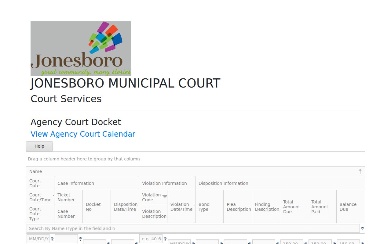 Jonesboro CourtWare docket 96 disposition, plea, finding, and amount fields