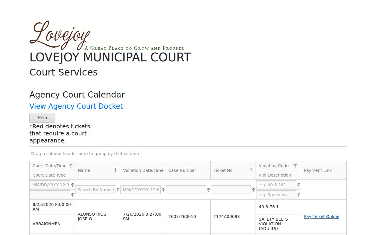 Lovejoy CourtWare calendar 205 fields for date, ticket, violation, and payment