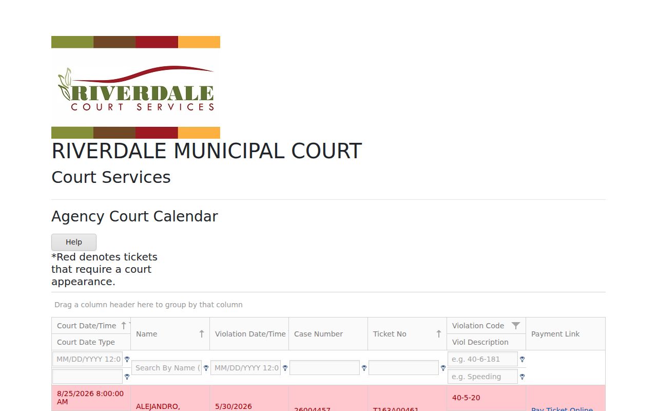 Riverdale CourtWare calendar 68 fields for dates, tickets, violations, and payment