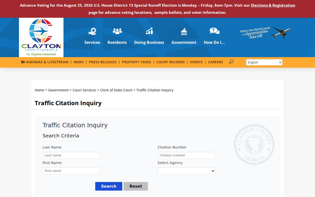 Clayton County official traffic citation inquiry page